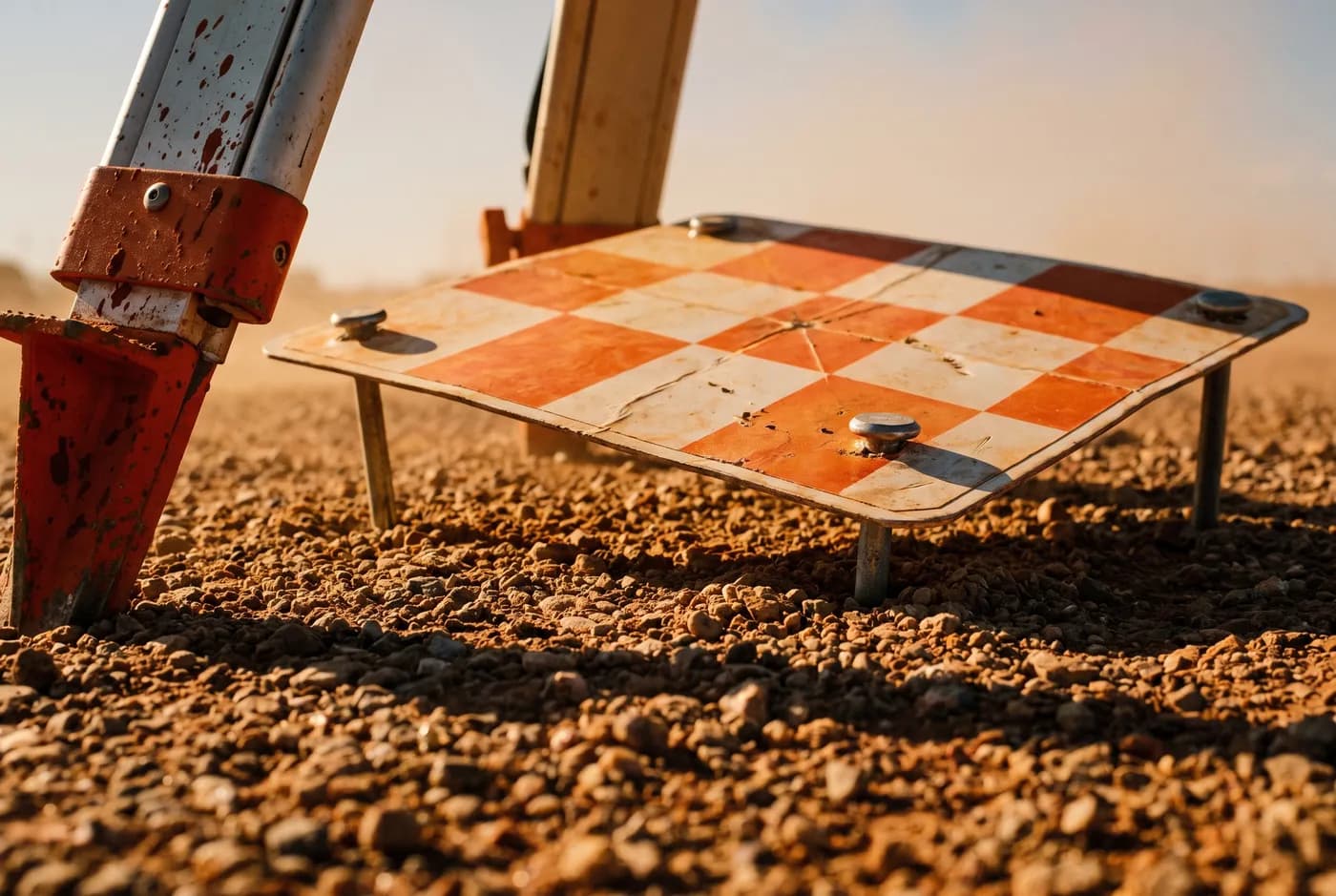A survey ground control target pegged to the ground beside a GNSS rover