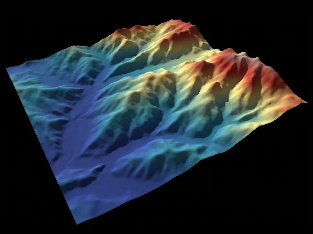 A digital terrain model coloured by elevation